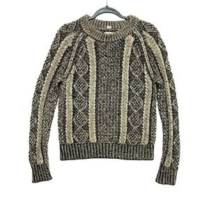 LL Bean Signature Sweater Womens Size S Black Cream Cable Knit Pullover Knit